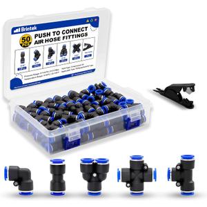 50PCS Push to Connect Fitting Kit, 5/16" or 8mm Air Hose Quick Connectors Pneumatic 10 Spliters+10 Elbows+10 Tee+10 Straight+10 Cross with 1PCS Tube Cutter, 5/16" OD - 50PCS
