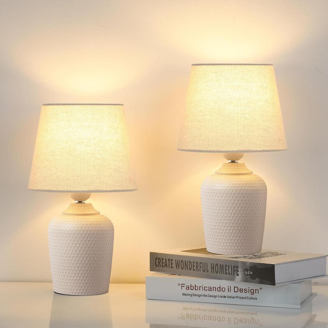 Sucolite Small 11.8'' Table Lamps Set of 2, Bedside Nightstand Lamps for Bedroom Kids Room, Cute Desk Lamps with Studded Texture Base for Reading Nursery Living Room Office, Cream