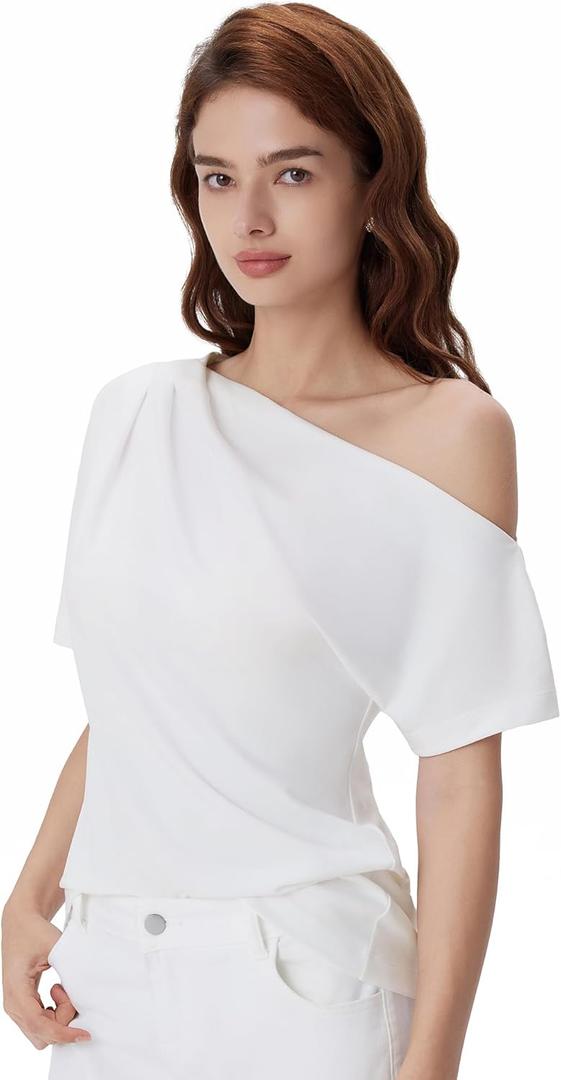 SUUKSESS Off the Shoulder Tops for Women Short Sleeve Asymmetrical Top Trendy Summer Going Out T-Shirts (White, M)