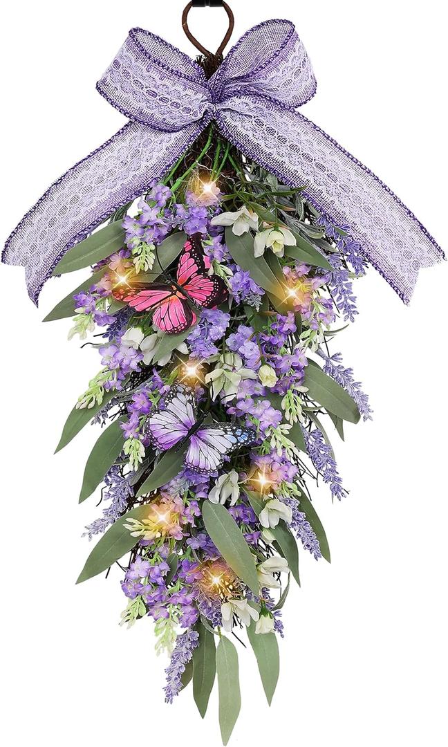 Jusdreen LED Teardrop Floral Wreath with Butterflies, Faux Lavender Hanging Decor with Lights for Farmhouse Home