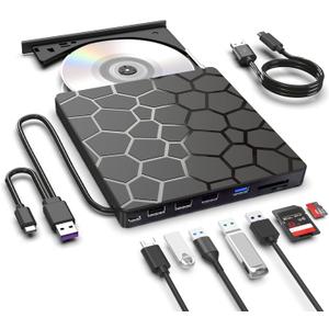External CD DVD Drive,8 in 1 USB 3.0 and Type-C Disc Reader Writer Burner Player,Slim and Portable CD DVD +/-RW Optical Drive for PC Laptop Desktop MacBook Mac Windows Linux OS Apple (8 in 1)