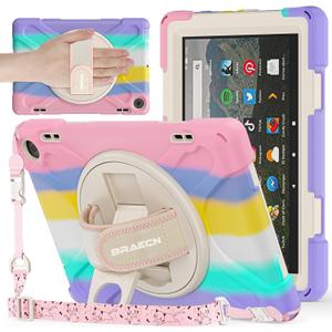 BRAECNstock Kids Case for Amazon Fire HD 8 Tablet 12th Generation 2024/2022 8 inch with Rotating Hand Strap + Stand Shouler Strap Pen Holder Shockproof Protective Kindle Fire HD 8 Case - Colorful Pink