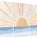 3Pcs Framed Boho Canvas Wall Art Sun Sunrise Yellow Line Pictures Prints Wall Decor Modern Mid Century Rainbow Posters Nature for Living Room Bedroom Bathroom Office Home Decoration16x24inx3