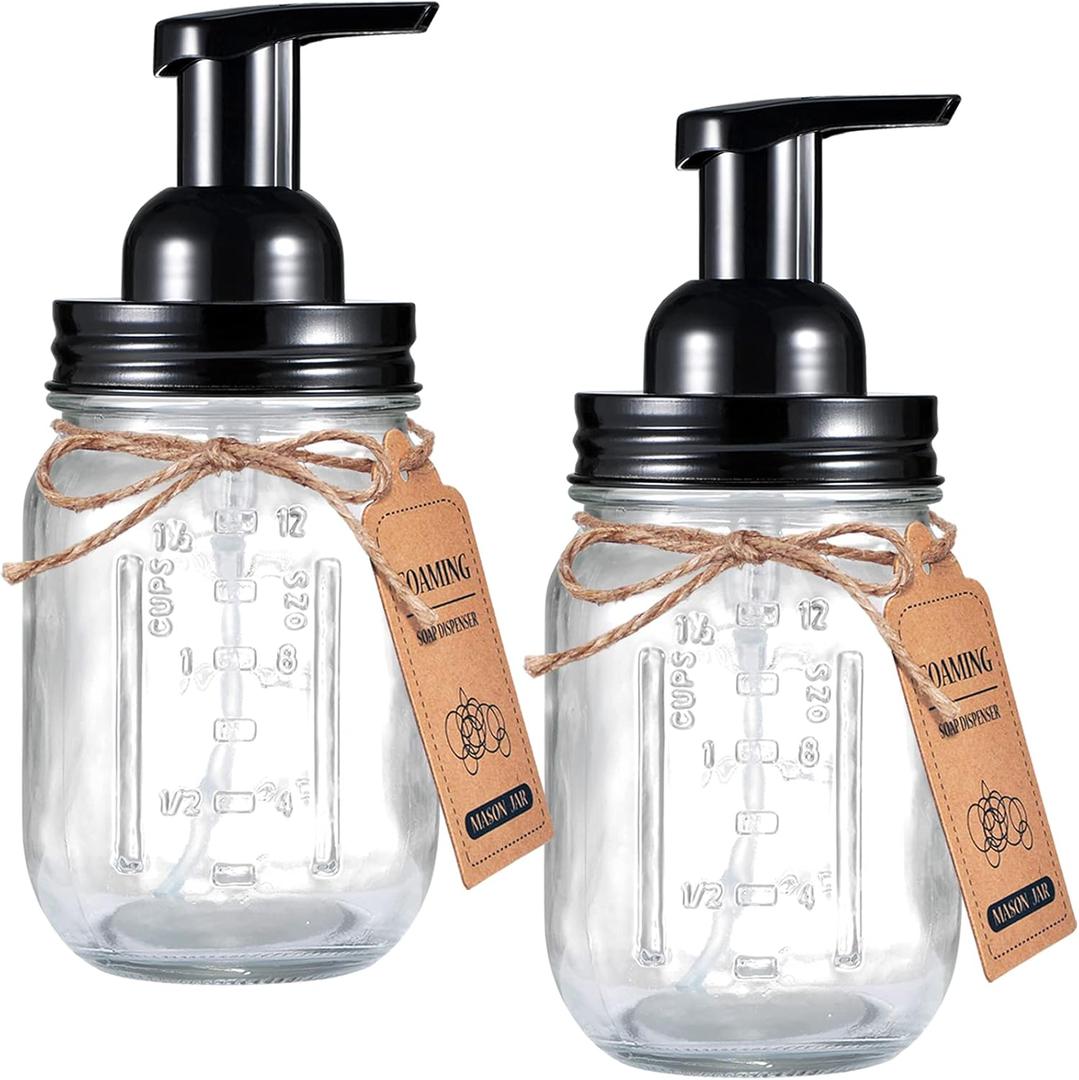 SheeChung Mason Jar Foaming Soap Dispenser-Rustproof Stainless Steel Lid & Foaming Soap Pump, Refill Foam Hand Soap Dispenser Glass for Bathroom Kitchen Vanities, Countertops-Black (2 pk)