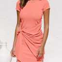 BTFBM Women 2026 Summer Casual Short Sleeve Ruched Bodycon Tank T Shirt Dress Tie Waist Sun Beach Spring Mini Dresses (Pink, XXL)