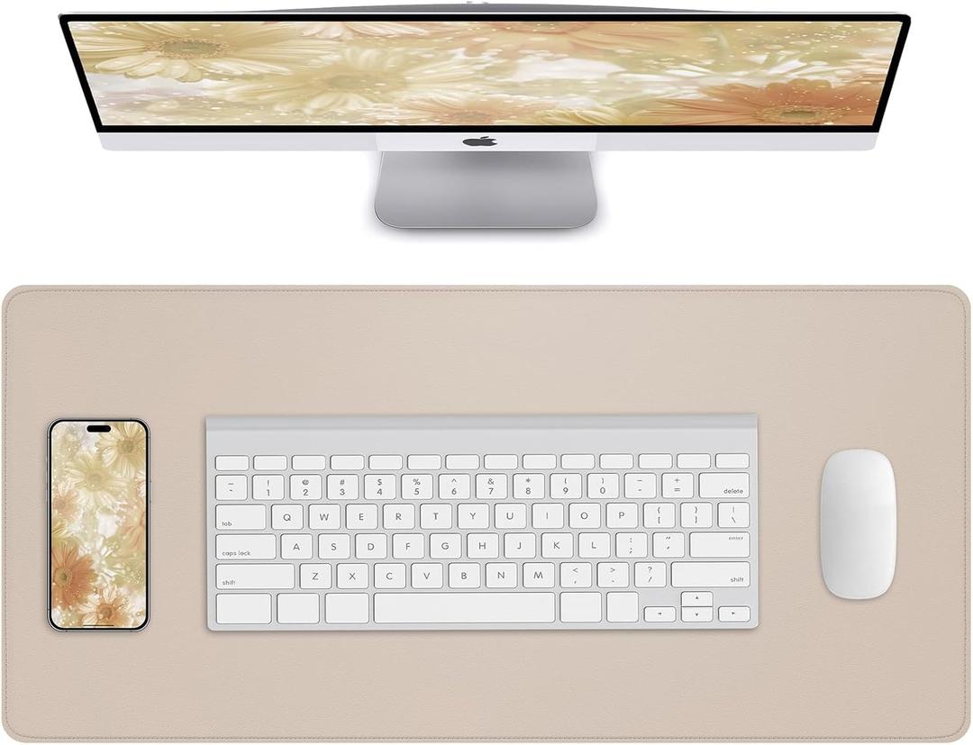 Desk Pad Mat 23.6"x13.7" - Waterproof Mouse Pad & Desk Protector, Non-Slip PU Leather for Gaming Keyboard/Mouse, Stitched Edge XL Office Desk Pad with Ergonomic Support(Beige) (24" x 14")