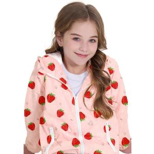 Zando Lightweight Girls Rain Jacket - Hooded Windbreaker Water-Resistant Girls' Outerwear Jackets & Coats for Kids  (6-7 Years, Strawberry)