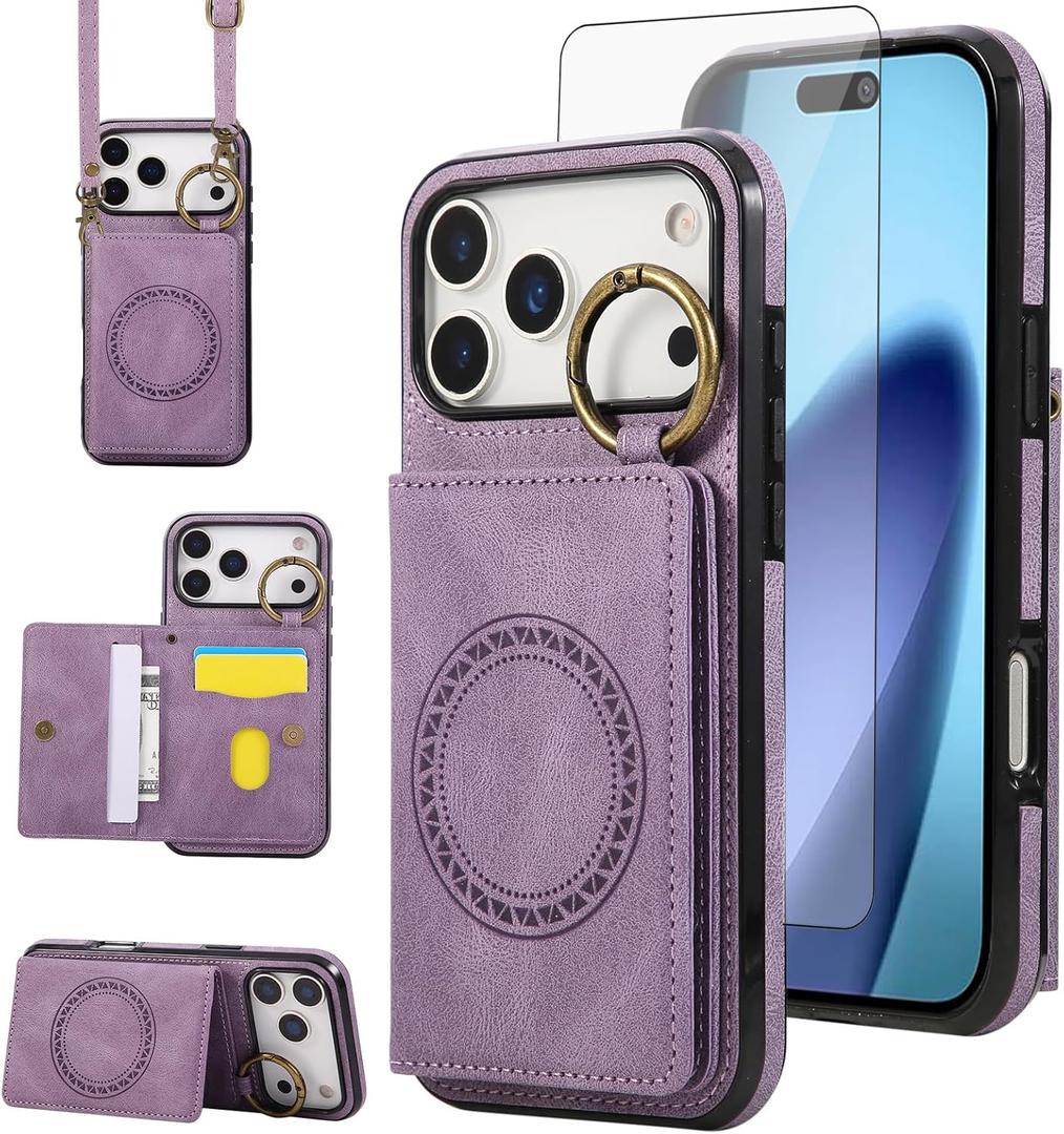 Compatible with iPhone 17 Pro Max 6.9 inch Wallet Case Screen Protector Crossbody Shoulder Strap Ring Buckle Stand Magnetic Car Mount Phone Cover for i Phone17 17Pro i17 ProMax 17ProMax Women Purple