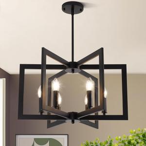 21.6" Black Chandelier for Dining Room, 6-Light Geometric Farmhouse Dining Room Fixture, Modern Foyer Lighting Fixtures, Industrial Hanging Pendant Lights for Kitchen Island, Living Room, Entryway (Matte Black-21.6"(No assembly required))