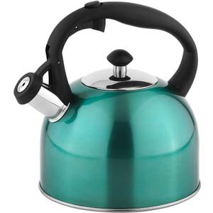 Amazon Basics Stainless Steel Whistling Tea Kettle, Fast Boiling for Tea and Coffee, Food Grade, Ergonomic Handle, 2.3 Liter, Teal