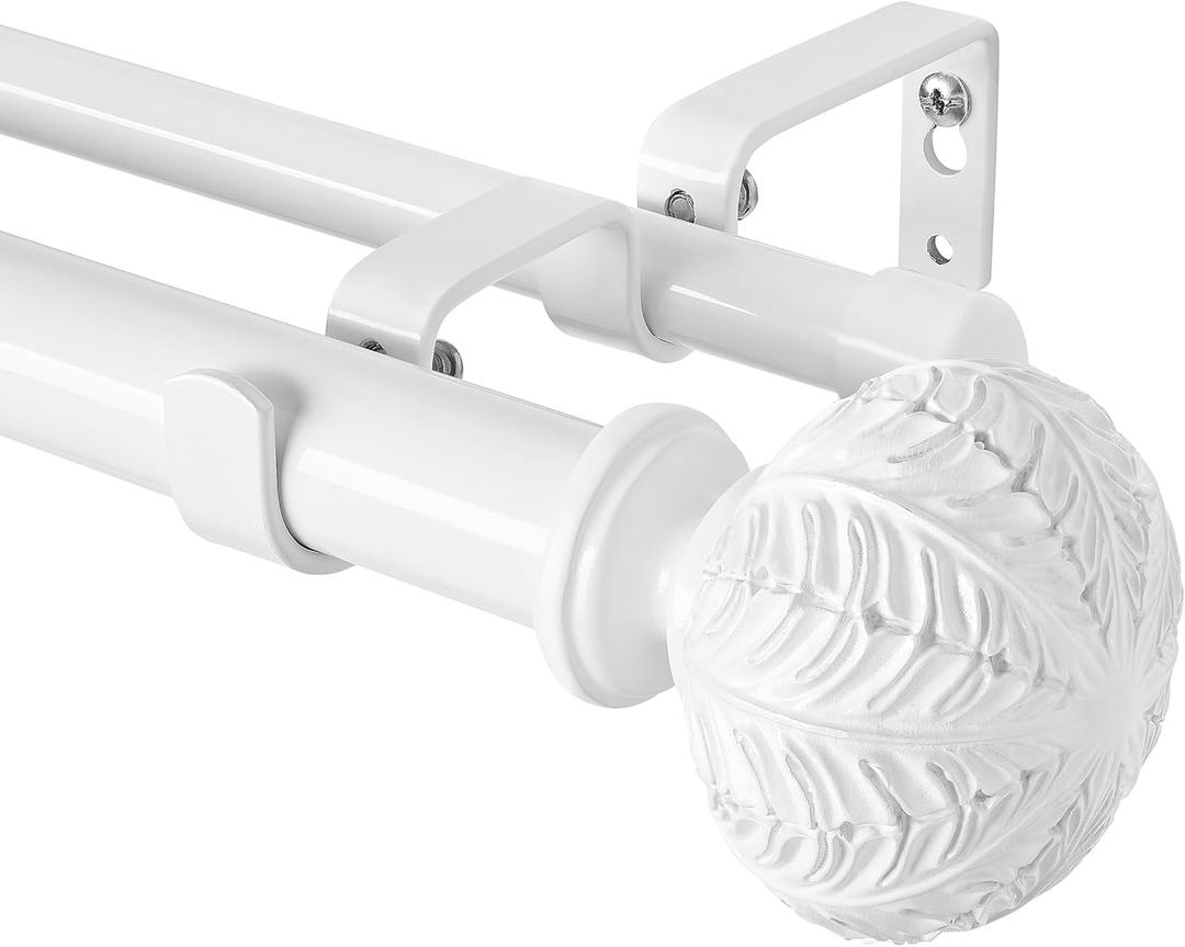 Double Curtain Rods,WL.Rocaille 1 Inch Curtain Rods for Windows 48 to 84 Inches,Telescoping Dual Curtain Rod Set with End Cap,Adjustable Decorative White Curtain Rods for Bedroom,Living Room