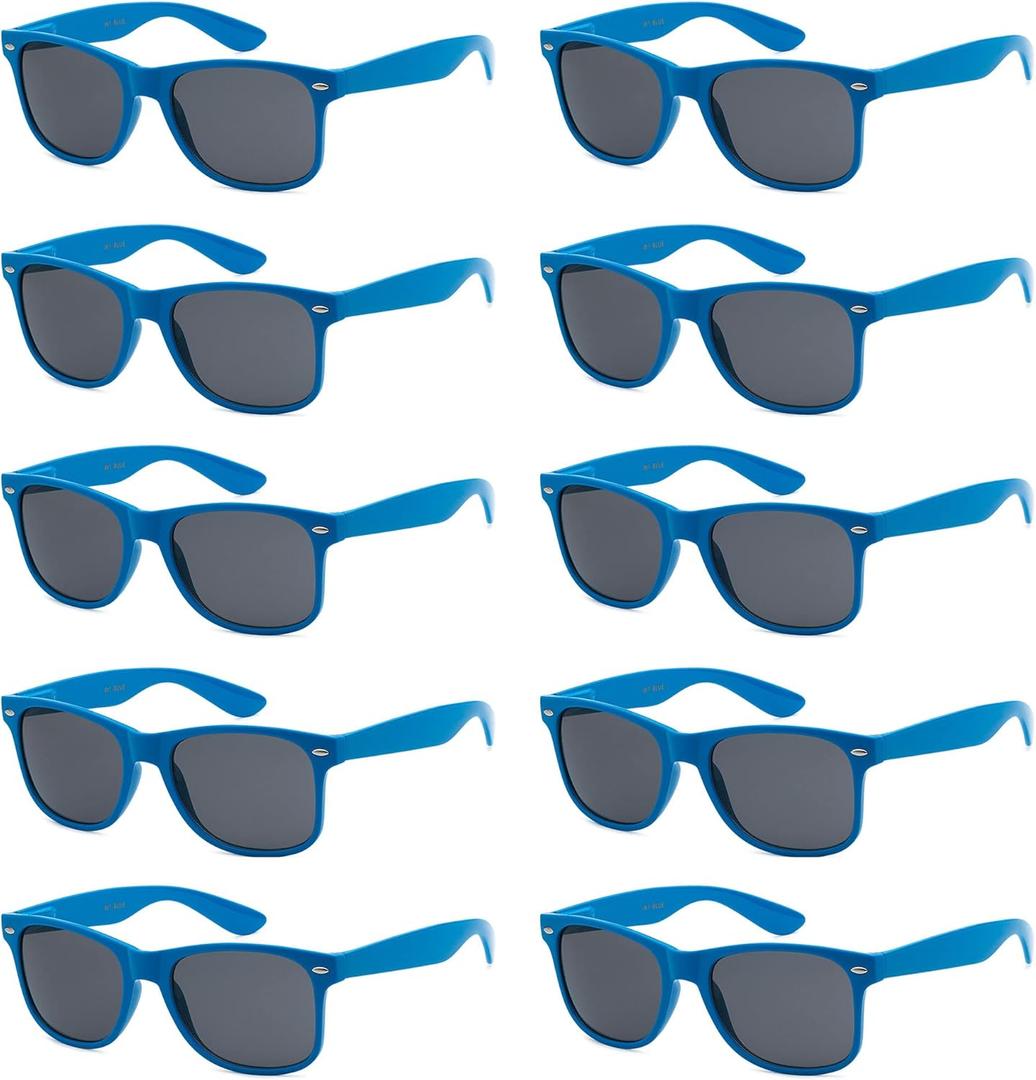 Wholesale Bulk Unisex 80's Retro 100% UV Sunglasses for Adults - 10 Pack - w/Flex Hinges (Electric Blue | Smoke)