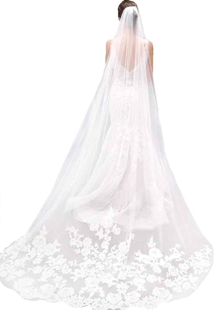 MisShow White Ivory Wedding Veils Lace Edge Cathedral Length Wedding Bridal Veil with Comb for Women, 118 Inches, Ivory