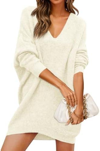 Saodimallsu Womens Oversized Sweater Dress Fall V Neck Ribbed Knit Long Sleeve Casual Loose Mini Pullover Dresses M
