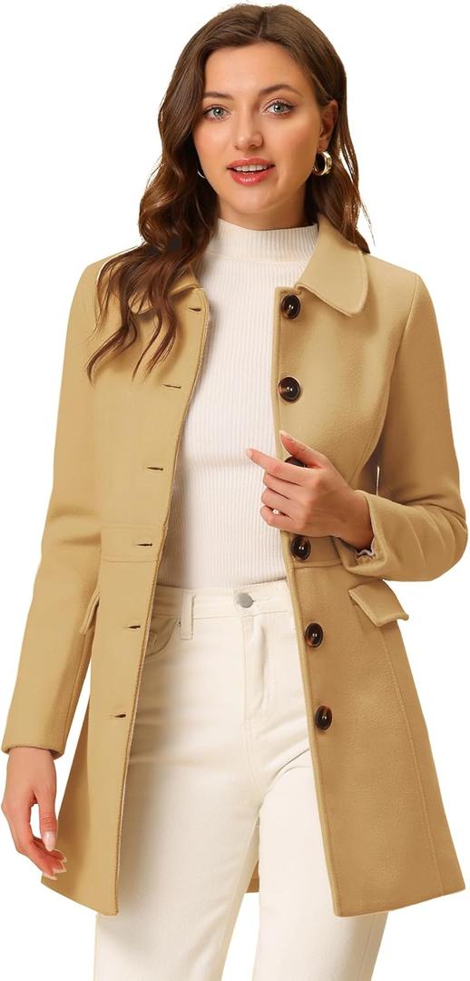 Allegra K Women's Winter Overcoat Peter Pan Collar Flap Pocket Single Breasted Coat (Small, Khaki)