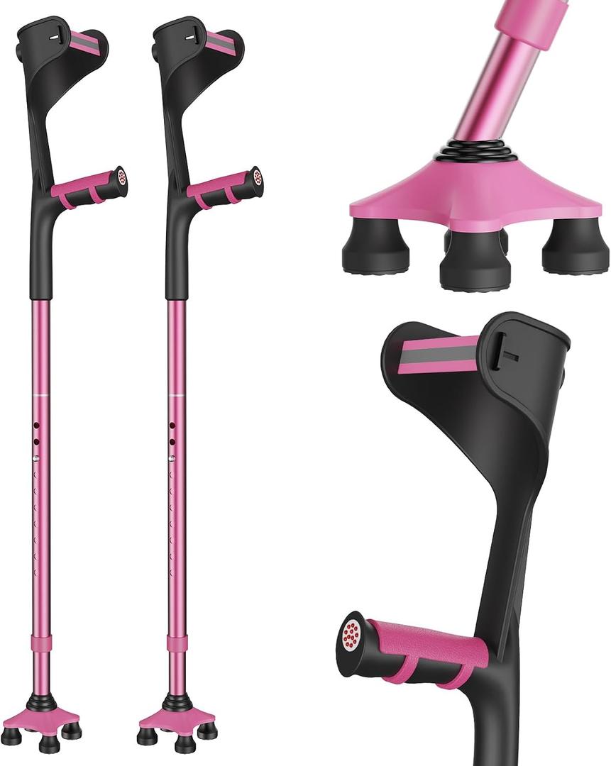 Lightweight Foldable Forearm Crutches, Height Adjustable Pink | 10-Level Adjustable Height Crutches With Open Cuff For Leg Injury Surgery Disabled
