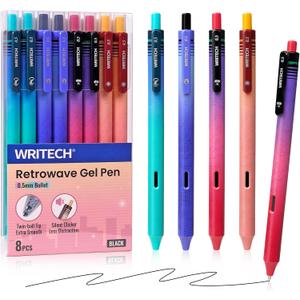 WRITECH Black Ink Gel Pens: 8-Pack Retrowave 0.5mm Fine Point Pens - Smooth Writing Silent Clicker and Refillable Perfect for School Office & Everyday Use.