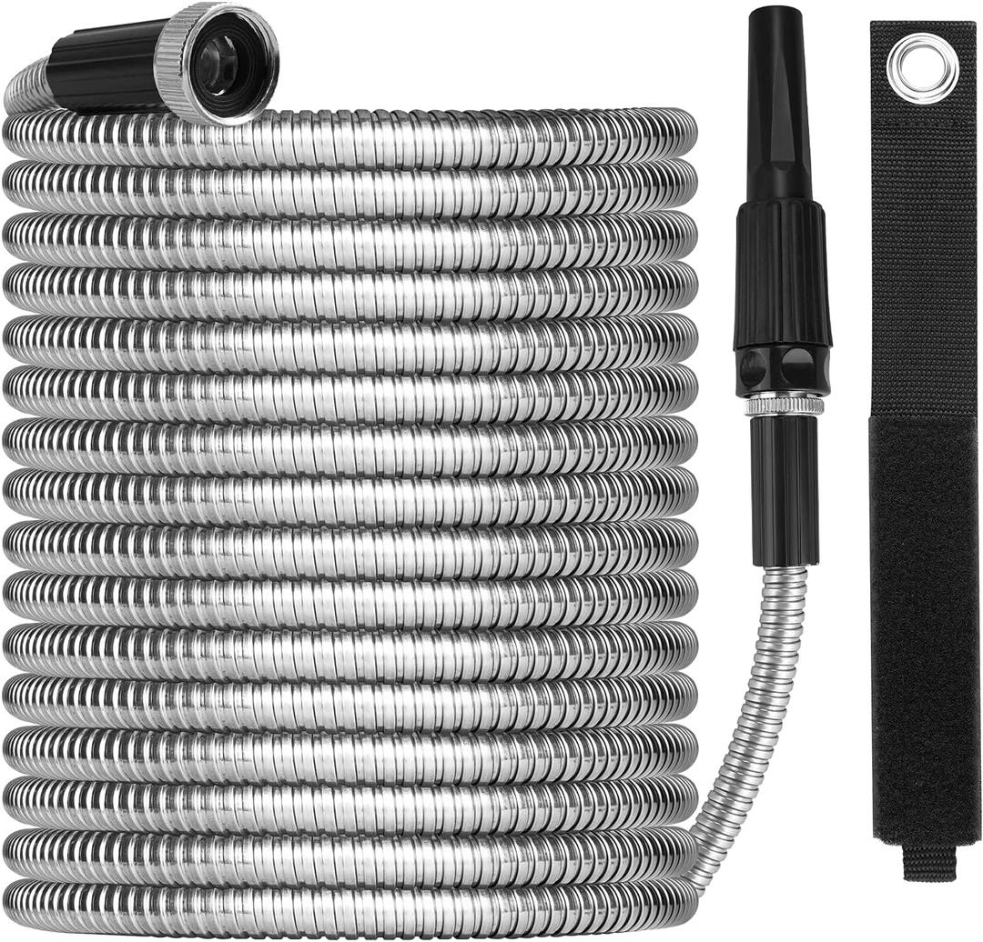 OnBrand Metal Garden Hoses for Yard 100ft, Lightweight Stainless Steel Garden Water Hose with Adjustable Nozzle, Flexible Garden Hose with Storage Strap for Outdoor Lawn Yard, No Kinks and Tangles