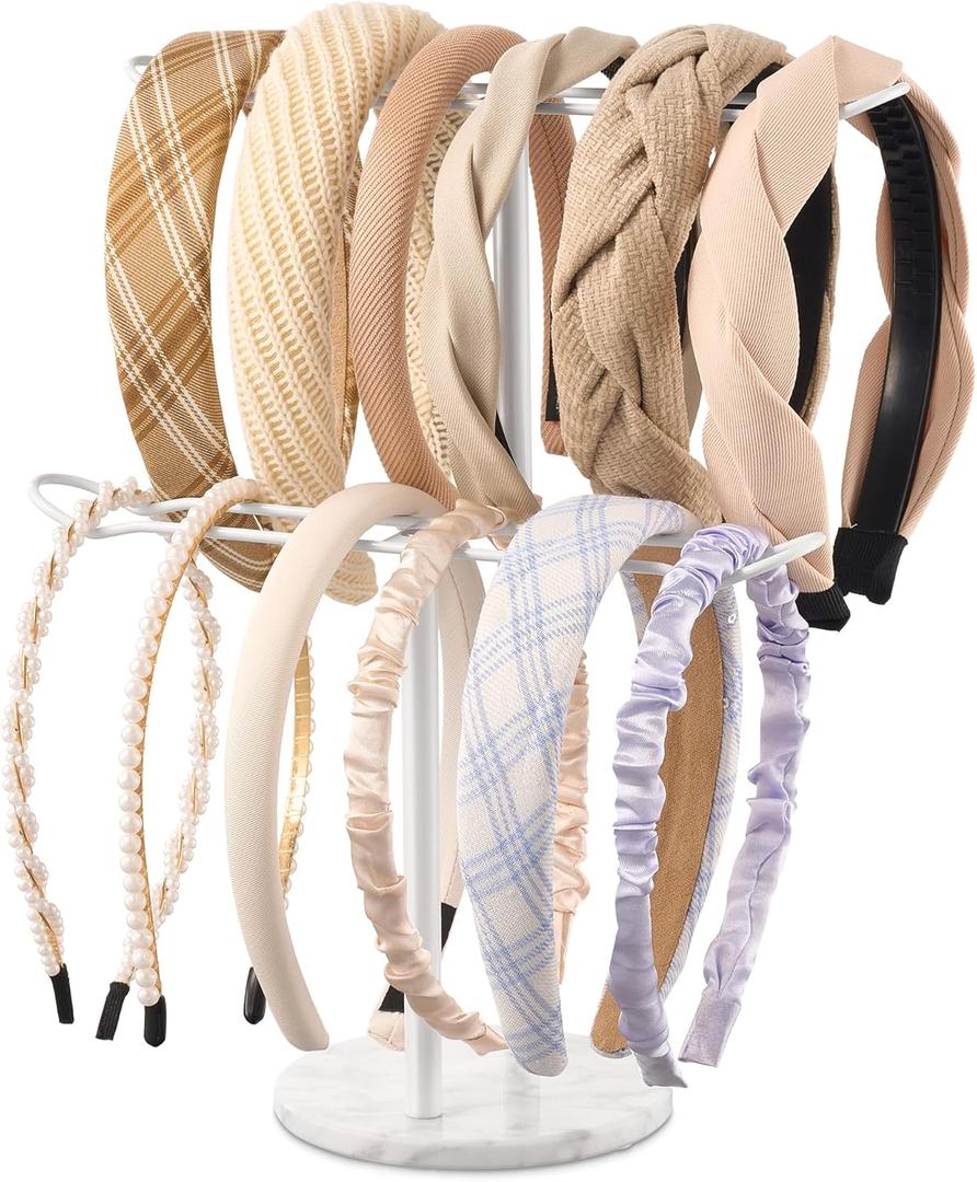 2 x Headband Holder Organizer Two-Tier with Marble Base: Jewelry Display for Women, Hair Accessories Storage Stand Scrunchie Necklace rack for Girls, for Bathroom, Vanity, Dresser, White