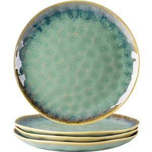 Henten Home Ceramic Dinner Plate Set, 11 Inch Porcelain Pizza, Pasta, Salad Plates, Irregular Shape Steak Plates Set of 4, Stoneware Serving Dishes for Kitchen (Green)