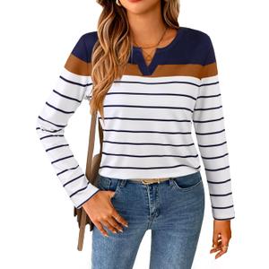 SOFIA'S CHOICE Striped Shirt Women Basic Casual V Neck Long Sleeve T Shirts Deep Blue White, Small 