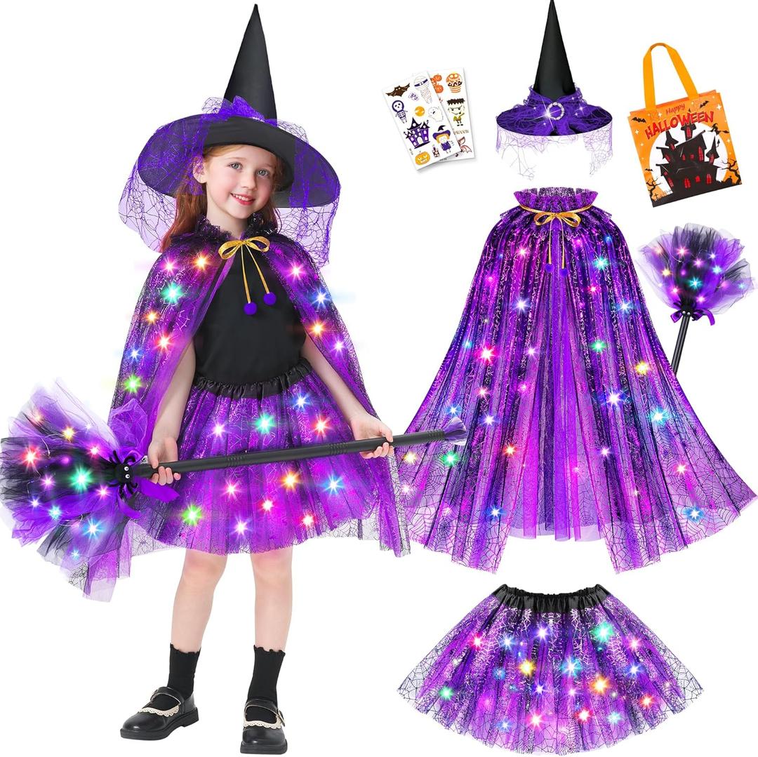 Jeowoqao Witch Costume for Girls Halloween Costumes,Light up Halloween Dress up Witch Cape Skirt Broom for Girl 3 4 5 6 (Purple)