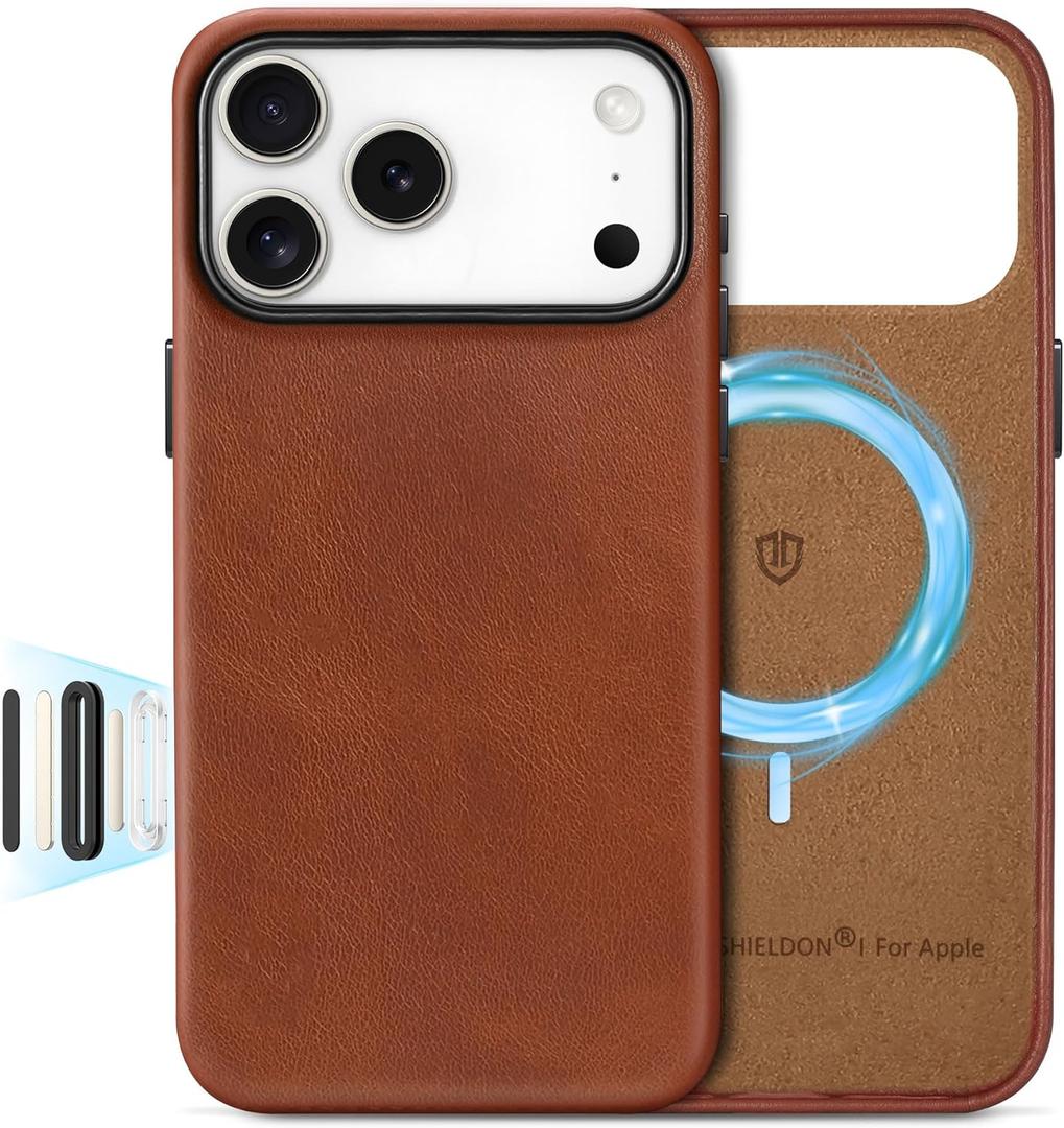 SHIELDON Genuine Leather Case for iPhone 17 Pro Max 6.9" 2025 with [Updated Camera Button], Compatible with Magsafe, Magnetic Wireless Charging, Shockproof Protective Cover, Metal Button - Retro Brown