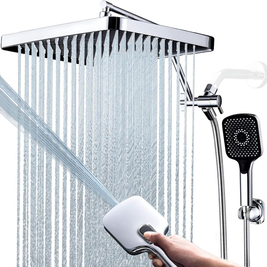 Shower Heads with Handheld Spray Combo, 13 Inches Rain Shower Head with 4 Mode Handheld Wand, and 13 Inches Adjustable Extension Arm, 3 Way Diverter Valve, Extra Long Hose (Chrome)