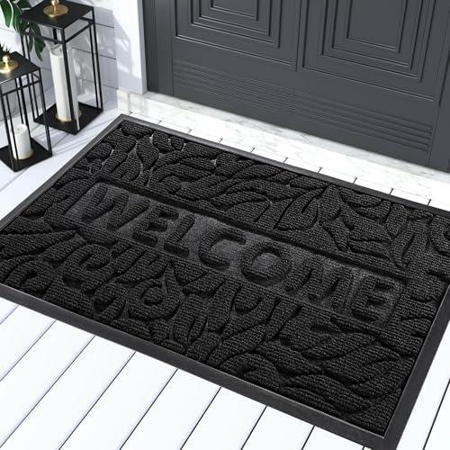 Yimobra Welcome Mat Outdoor 29.5x17, Waterproof Non-Slip Outdoor Mats for Front Door Outside Entrance, Low-Profile Entryway Mat Indoor for Garage Patio, Black