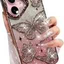 Glitter 3D Butterfly Case for iPhone 16 Plus,Cute Luxury Butterfly Design with Gradient Bling Sparkly Paper TPU Plating Bumper Clear Shockproof Women Girls Case for iPhone 16 Plus 6.7", Pink