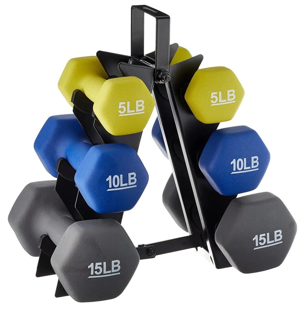 Amazon Basics Neoprene Dumbbell Hand Weights for Exercise and Muscle Toning, Rack with 3 Pairs (5, 10, and 15 Pound)