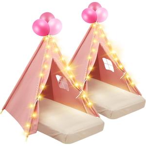 2 Pack Kids Teepee Tent with Mattress,Fitted Sheet,Light String,Washable Natural Cotton Toddler Play Tent for Girls Boys Indoor Outdoor Sleepover Slumber Birthday Party(Pink)
