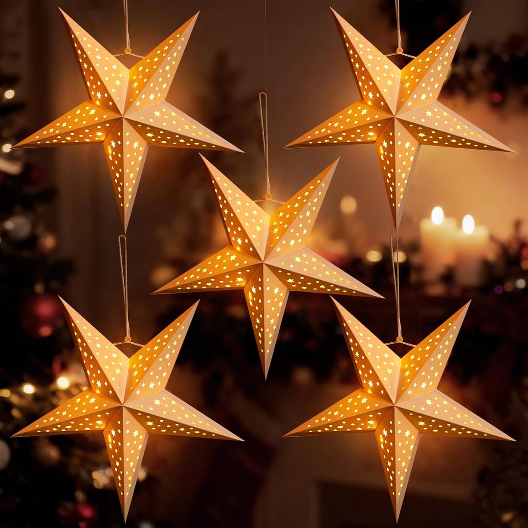 SUNBEAUTY Christmas Paper Stars, Openwork Design 5 Pointed 12 Inch White Color Hanging Paper Star Lanterns, Christmas Decorations Hanging Lamp for Indoor Xmas Tree, Yard, Home Decor Birthday