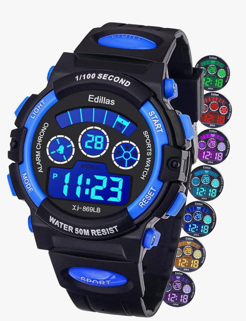 Edillas Kids Watches Boys Digital, 7 Colors LED Lights 50M Waterproof Wristwatches for Children Students Teenagers Sport Outdoor Multifunctional with Stopwatch/Alarm Ages 7-15.