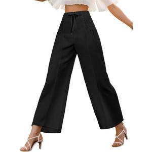 Women's High Waist Casual Palazzo Pants Drawstring Smocked Boho Wide Leg Beach Trousers Flowy Loose Fit Pant (Black, M)