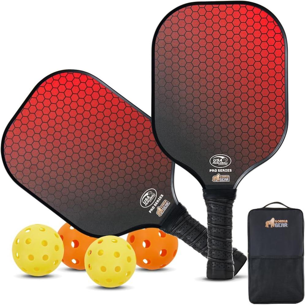 Gorilla Gear USAPA Approved Pickleball Starter Set, Fiberglass Paddles with Bag and Balls, Indoor Outdoor Court Use, Comfortable Racket Grip, Oversized Sweet Spot Pickle Ball Paddle for Men, Women (Red)