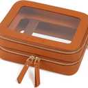 Prite Large Clear Makeup Bag Double Layer Makeup Bag for Women Travel Toiletry Bag Cosmetic Train Case with a Separate Brush Compartment for Car Essentials(Brown)