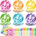 Nitial 120 Pcs Hibiscus Party Plates Napkins Hawaiian Theme Tableware Set for Luau Table Decorations Supplies Tropical Dessert Plates Forks for Aloha Summer Beach Party, Serve 24 Guests