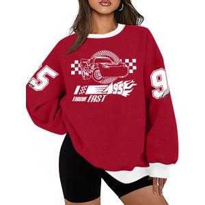 Women's Car Graphic Sweatshirt Cars Land Pullover Vacation Trip Crewneck Long Sleeve Shirt Car Racer Lover Clothes (Red), Size S