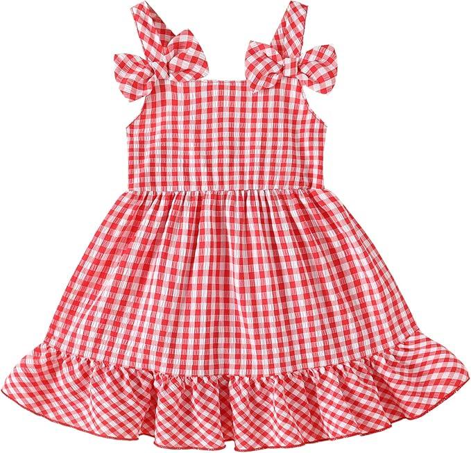 Infant Baby Girl Beach Sundress Casual Sleeveless Smocked Boho Dress Halter Ruffle Toddler Summer OutfitRed Plaid, 6-12 Months