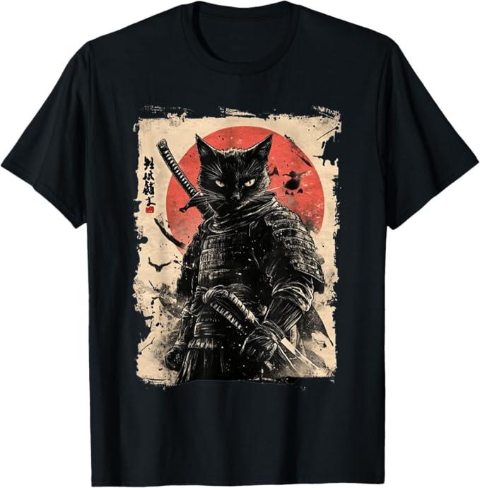 Vintage Japanese Art Anime Graphic Samurai cat Warrior TShirt, L