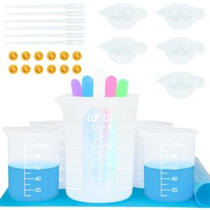 Silicone Measuring Cups Tool Kit , Non-Stick 250 & 100ml Epoxy Mixing Cups, Reusable Resin Supplies with Silicone Mat, Stir Sticks, Pipettes, Color Cups for Resin, Molds, Jewelry Making (White Measurements)
