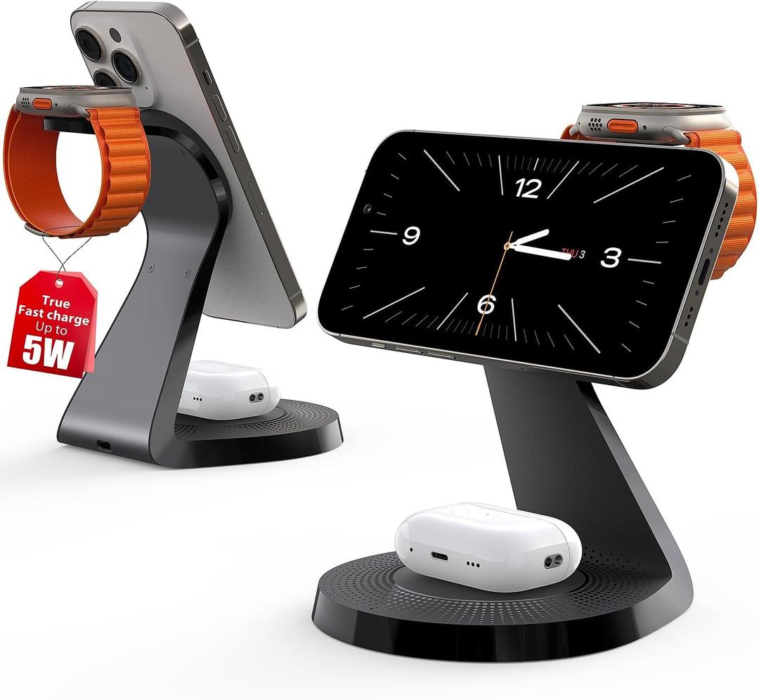 3 in 1 Charging Station for Apple Devices,Mag-Safe Charger Stand Fast Charging,Wireless Charger for iPhone 16/15/14/13/12 Series,& AirPods,& iWatch(USB-C Charger Included) (Black)