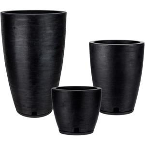 Floridis Plastic Plant Pot, Black, Set of 3 (11+17+25 inch) with Drainage Hole and Saucer. Outdoor and Indoor Set of Black planters for patios, Front Porch.