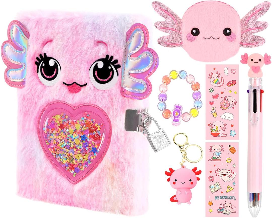 Axolotl Diary For Girls With Lock And Keys, Girl Journal, Girls Fuzzy Notebook Gift Set For Writing And Drawing,Lock Diary For Kids, Birthday Gift For Kids Ages 6-8