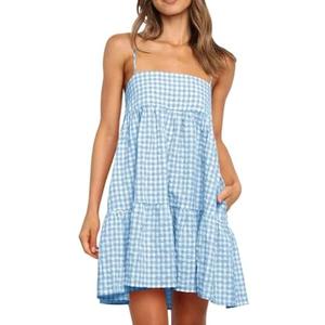 Wenrine Womens Summer Plaid Mini Dress Casual Spaghetti Strap Sleeveless A Line Beach Sundress with Pockets Size XL
