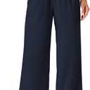 Wide Leg Linen Pants Women Palazzo Flowy Beach Casual Loose Drawstring Boho Summer Pants 2025 with Pockets (Large, Navy Blue)