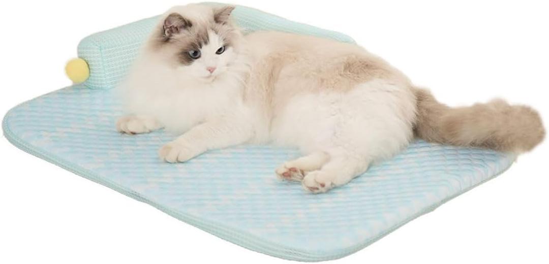 All-Season Ice Fabric Cat Bed with Cushioned Pillow/Play Ball/Washable Mat for Cats, Kittens & Small PetsGreen, Large-25"x19"x4"