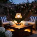 Solar Powered Table Lamp, Rattan Wicker Shade, Khaki Color, PP and Iron Material, Garden Courtyard Lawn Decor, 8.66 x 15.94 Inches