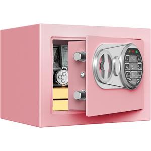Goldenkey Small Kids Safe for Money, Digital Mini Safes with Keys&Code for Cash, Safe Box for Personal Items for Home, 6.69"D x 9.05"W x 6.69"H, Pink